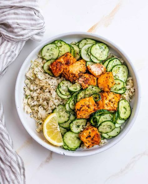 Spicy Salmon Bowls With Coconut Rice, Salmon And Cauliflower Rice, Salmon Cauliflower Rice Bowl, Salmon Avocado Cucumber Rice Bowl, Salmon Rice Edamame Bowl, Cauli Rice, Clean Eating Challenge, Cauliflower Fried Rice, Fried Salmon