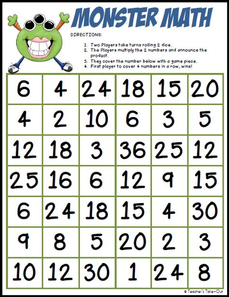 Freebie! Monster Math Multiplication Freebie! Practice those multiplication facts 1-6 with this fun game. How to play: 1. Two Players take turns rolling 2 dice. 2. The Players multiply the 2 numbers a Connect Four Multiplication Game, Multiplication Connect 4, Connect 4 Multiplication Game, Maths Multiplication, Multiplication Bingo, Multiplication Game, Printable Math Games, Connect 4, Multiplication Practice