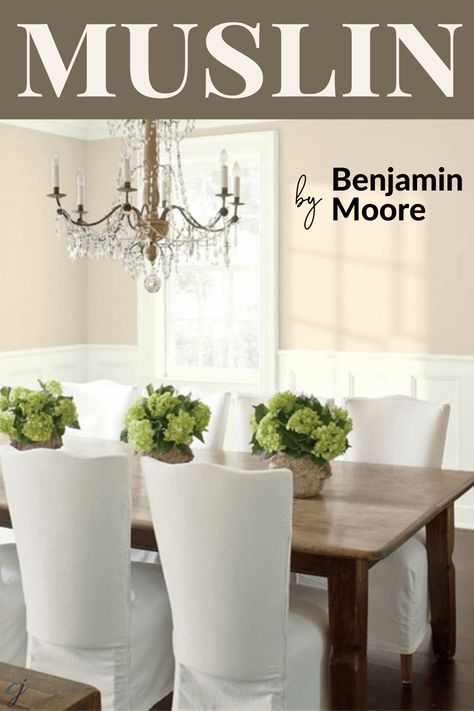 Benjamin Moore Muslin, learn the undertone, the best whites for trim and ceilings, as well as a beautiful and inspiring paint palette combination! Muslin Paint Color Benjamin Moore, Bm Muslin Paint Wall Colors, Benjamin Moore Muslin Paint, Muslin Paint Color, Muslin Benjamin Moore, Bm Muslin, Benjamin Moore Muslin, Benjamin Moore Beige, Gustavian Decor