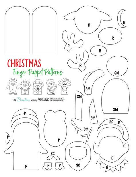 Christmas Finger Puppet Patterns {Stop by OneCreativeMommy.com to download the free printable pdf file} Felt Finger Puppet Patterns Templates Free, Free Puppet Patterns Templates, Hand Puppet Patterns Free Templates, Free Finger Puppets Printable, Finger Puppet Patterns Free, Free Finger Puppet Patterns, Finger Puppet Patterns Printable, Felt Finger Puppets Free Pattern, Felt Finger Puppet Patterns