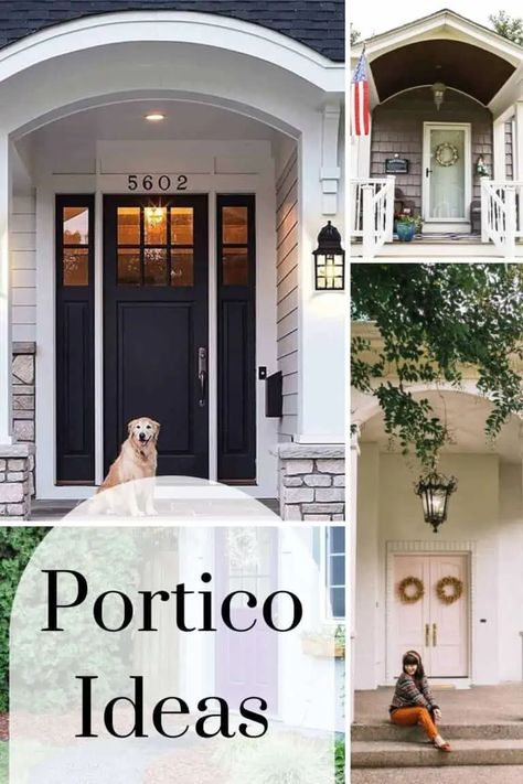 Front Porch Portico Design Ideas, Portico Railing Design, Portico Ideas Entrance, Covered Front Entryway Ideas Exterior, Beautiful Front Doors Curb Appeal, Arch Entryway Exterior Porches, Outdoor Entryway Ideas Exterior, Outdoor Front Porch Ideas Entrance, No Porch Front Door Entrance