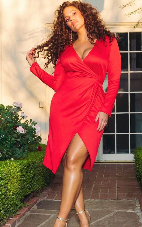 Red Drape Pleated Detail Midi Dress Look Plus Size, Shirred Dress, Satin Long Sleeve, Ashley Graham, Plus Size Kleidung, Colorblock Dress, Plus Size Womens Clothing, Dress Picture, Red Satin