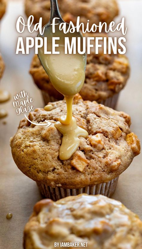 apple muffins on parchment.  The middle muffin is bing drizzled with maple glaze. Apple Muffins With Buttermilk, Buttermilk Apple Muffins, Maple Apple Muffins, Bakery Style Apple Muffins, Dense Muffins, Caramel Apple Muffins, Apple Donut, Maple Muffins, Apple Muffin