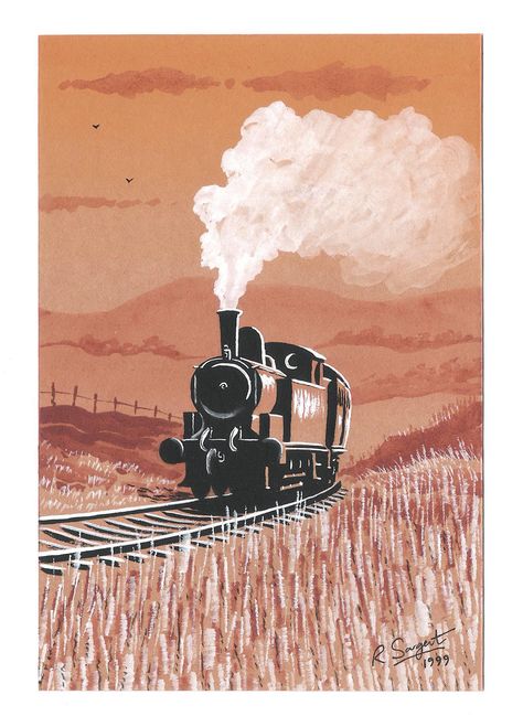 Steam Train. Painting, 1999. Vintage Train Drawing, Steam Train Illustration, Steam Locomotive Drawing, Steam Train Art, Train Poster Design, Train Illustration Drawing, Vintage Train Illustration, Steam Train Drawing, Railway Illustration