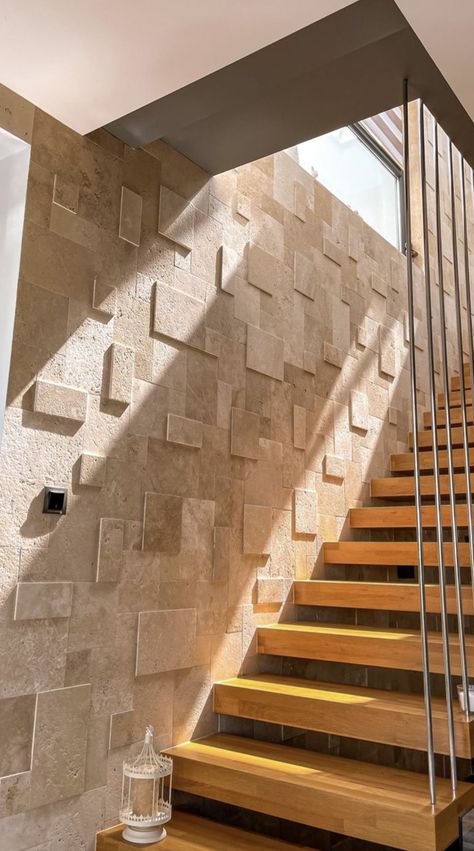 Staircase Cladding, Stone Cladding Interior, Entrance Tiles, Office Stairs, Staircase Wall, Stair Case, Stone Cladding, House Designs, House Designs Exterior