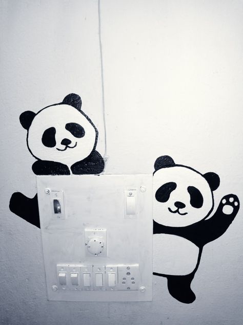 Electricity Board Decoration, Panda Painting On Wall, Swichbord Drawing Simple, Wall Painting Switch Board Art, Panda Switch Board Art, Plug Painting Ideas, Electric Board Painting, Creative Switch Board Art Easy, Swichbord Drawing