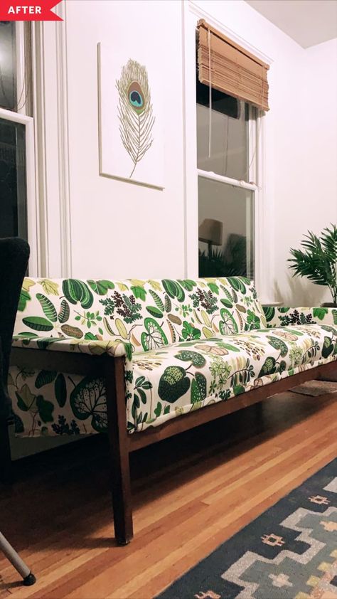 Mid Century Fabric Upholstery, Sofa Diy Makeover, Mid Century Modern Upholstery Fabric, Sofa Reupholstery, 1950s Sofa, Redoing Furniture, Furniture Building, Losing 40 Pounds, Ikea Curtains