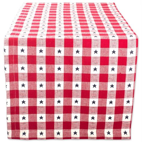 DII Star Check Table Runner – DII Home Store July 4th Party, Outdoor Table Runner, Party Summer, Blue Stars, Summer Bbq, Outdoor Picnics, Rectangular Table, Blue Star, White Design