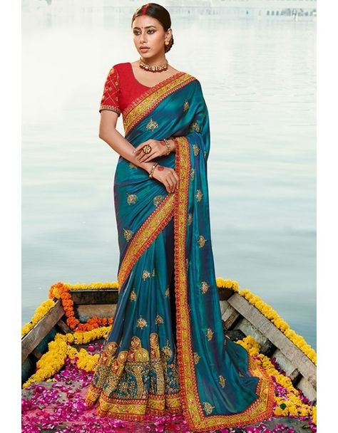 Peacock Blue Embroidered Silk Saree Blue Saree Contrast Blouse, Teal Blue Saree, Saree Contrast Blouse, Blue Silk Saree, Indian Designer Sarees, Indian Saree Blouse, Teal Blue Color, Indian Sarees Online, Silk Saree Blouse