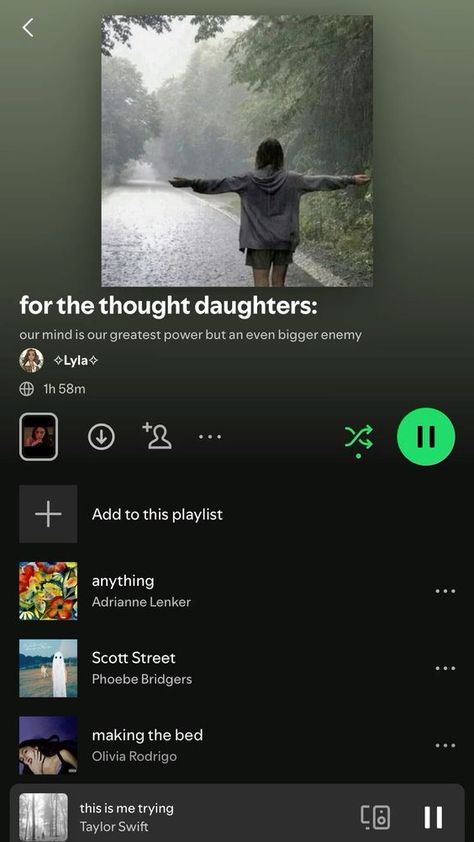 #thoughtdaughter #music #songs #spotify #playlist #overthinking #girlhood #daughter #eldestdaughter Thought Daughter Songs, Thought Daughter Playlist, Songs Spotify, Daughter Songs, Summer Songs Playlist, Music Recs, Road Trip Playlist, Playlist Names Ideas, Therapy Playlist