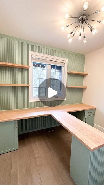 Suits & Sawdust | Custom Woodworking on Instagram: "Working from home never looked so good 😍 this T-shaped desk maximized the amount of office space this room could offer!! Able to accommodate our client & her husband and with the ability for the kids to pull up a chair as well, this office space is now beautiful but also fully functional ✨ complete with an oak countertop, floating shelves galore, fluted detailing, and storage infused in every corner (including the pull out printer drawer from yesterday) 🫶   We’re living for the WFH set ups! What better way to utilize an additional room in your home 🏡  . . . . . . #office #study #workfromhome #homeoffice #customcabinetry #customwoodwork #custombuiltin #builtinshelving #workspace #officeinspiration #builtin #interiordesigninspo #homeoffi Pull Out Printer Drawer, T Shaped Desk, Oak Countertop, Printer Drawer, Office Built Ins, Printers Drawer, Shaped Desk, Desk In Living Room, Custom Desk