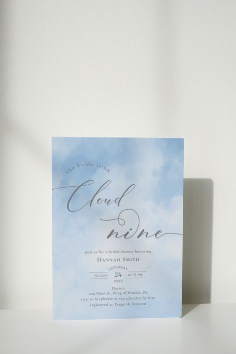 cloud nine bridal shower themed with cute clouds and minimalist invitations Cloud 9 Invitation, On Cloud 9 Bridal Shower Theme, Bride Is On Cloud 9, On Cloud 9 Bridal Shower, Cloud Theme, Bridal Shower Inspo, Themed Bridal Shower, Chic Baby Shower, Bridal Shower Inspiration