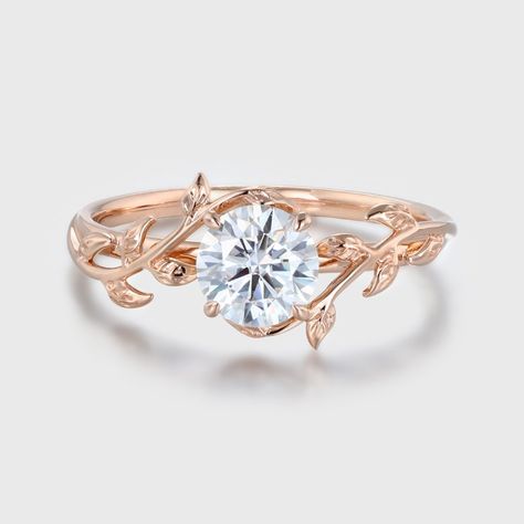 1 Carat Moissanite Nature Inspired Engagement Ring Leaf Flower Ring 14K Rose Gold Bridal Promise Anniversary Gift For Women Nature Inspired Engagement Rings Leaves, Vine Wedding Ring, Engagement Ring Leaf, Dimond Ring, Leaf Wedding Rings, Floral Wedding Ring, Nature Engagement Ring, Pretty Engagement Rings, Dream Rings