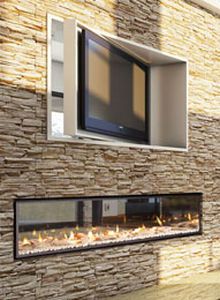 Didn't know if you could actually do this, but here is my idea for a swivel TV- between master bedroom and bathroom with a Contemporary double-sided fireplace (gas closed). Carport Modern, Indoor Outdoor Fireplaces, Double Sided Fireplace, Real Estat, Style At Home, Fireplace Design, Outdoor Fireplace, Design Case, Gas Fireplace