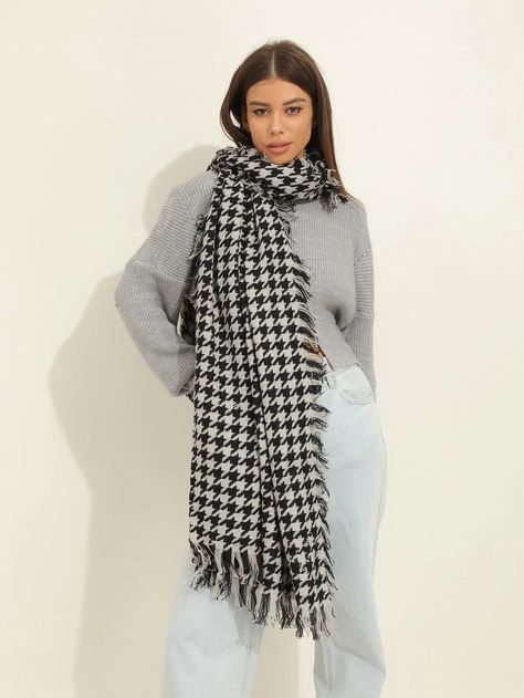 Houndstooth Pattern Fringe Hem Scarf | SHEIN USA Houndstooth Scarf, Fashion Capsule Wardrobe, Scarf Outfit, Fashion Capsule, Houndstooth Pattern, Winter Scarf, Capsule Wardrobe, Style Me, Collar