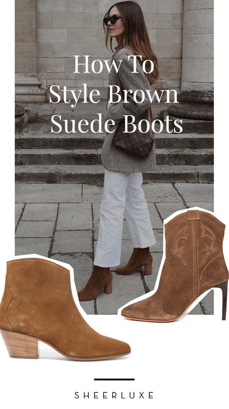 Tan Suede Ankle Boots Outfit, Cognac Suede Boots Outfit, Brown Ankle Cowboy Boots Outfit, Suede Boots Outfit Ankle, Brown Boots Suede, Suede Brown Boots Outfit, How To Style Brown Boots Ankle, Brown Suede Ankle Boots Outfit, Brown Pointed Boots Outfit