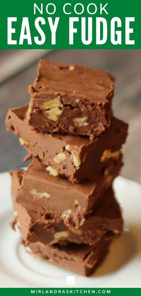 No cook fudge. Yes, that is a real thing. It’s rich, chocolaty, sweet, thick and ready in less than 10 minutes. If you need easy and delicious this is your recipe! Make it with walnuts or just with chocolate or even some mint extract. #fudge #homemadecandy #easy #nocook #chocolate #holiday No Cook Fudge Recipes, No Cook Fudge, Luscious Recipes, Easy Fudge Recipe, Easy Fudge, Favorite Christmas Recipes, Fudge Recipes Easy, No Cook, Happy Cooking