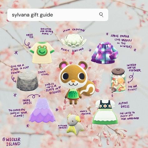 -ˏˋ⋆ c a r o l i n e ⋆ˊˎ- on Instagram: “-ˏˋ sylvana gift guide ˊˎ-⠀ ⠀⠀ ⠀ i definitely have expressed my dissatisfaction with the villager personality categorizations in the past…” Animal Crossing Gift Guide, Fairy Island, Animal Crossing Amiibo Cards, Future Islands, Animal Crossing Guide, Island Theme, Animal Crossing Characters, Animal Crossing Villagers, New Animal Crossing