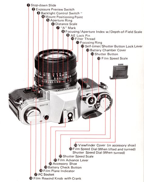 Canon Knowledge Base - AE-1: Here is a list of the Parts and controls - nomenclature Cannon Camera, Canon Ae 1 Program, Dark Room Photography, Aperture Photography, Manual Photography, Film Camera Photography, Digital Photography Lessons, Classic Photography, Canon Ae 1