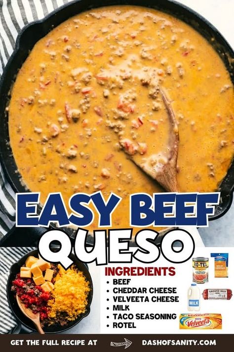 It's a queso kinda day. Get the recipe d... - A Dash of Sanity | Facebook Party Food With Ground Beef, Ground Beef Appetizer Recipes, Recipes With Queso, Simple Queso Recipe, Ground Beef Queso, Simple Ground Beef Recipes, Party Dip, Party Food Recipes, Tailgating Recipes