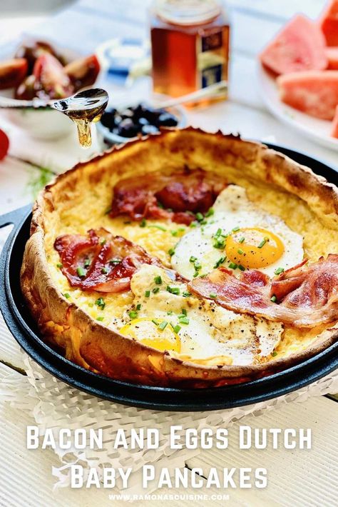 Breakfast, Brunch, Starter, American, English, European Cuisine, bacon and eggs breakfast, dutch pancakes Dutch Pancake Recipe, Dutch Baby Pancake Savory, Pancake Bacon, Savory Dutch Baby, Recipe With Bacon, Dutch Baby Recipe, Dutch Pancakes, Baby Pancakes, Dutch Baby Pancake