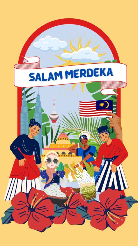 Malaysia Travel Poster, Kaamatan Poster, Malaysia National Day Poster, Malaysia Day Poster Design, Merdeka Decoration Idea, Merdeka Sale Design, Merdeka Poster Drawing, Malaysia Culture Illustration, National Day Decoration Ideas