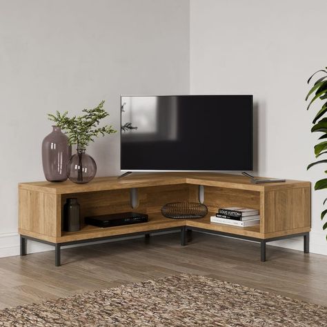 Tv Corner Ideas Living Room, Corner Tv Living Room Layout, Tv In Corner Of Living Room, Corner Tv Cabinets, Wooden Tv Unit, Tv Unit Furniture Design, Tv Unit Decor, Corner Tv Unit, Modern Rustic Living Room