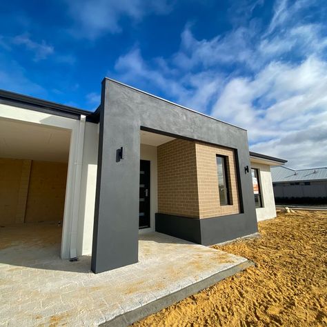 We love the contrast of Woodland Grey and Surfmist paint against the Nouveau Grey bricks and Geo Tux pavers. Plus, this home is a corner block home design so it has plenty of natural light! Grey Brick, Grey Paint, Custom Home Designs, Home Designs, Custom Home, New Builds, Perth, Custom Homes, Front Yard