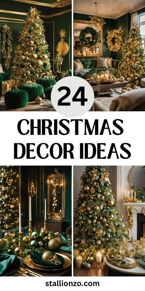 Stunning Christmas living room featuring an ornate gold and teal Christmas tree, green velvet furniture, metallic accents, and twinkling fairy lights. Cold Christmas Aesthetic, Christmas Aesthetic Decor, Minimal Christmas Tree, Martha Stewart Christmas, Cold Christmas, Faux Christmas, Christmas Tree Decor Ideas, Tree Decor Ideas, House Village