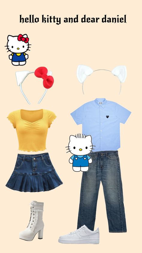 couple halloween costume inspo, hello kitty and dear daniel Hello Kitty Halloween Makeup, Hello Kitty Halloween Costume, Hello Kitty And Dear Daniel, Duo Ideas, Fun Halloween Outfits, Hello Kitty Costume, Halloween Couples Costume, Halloween Is Cool, Party Party Yeah