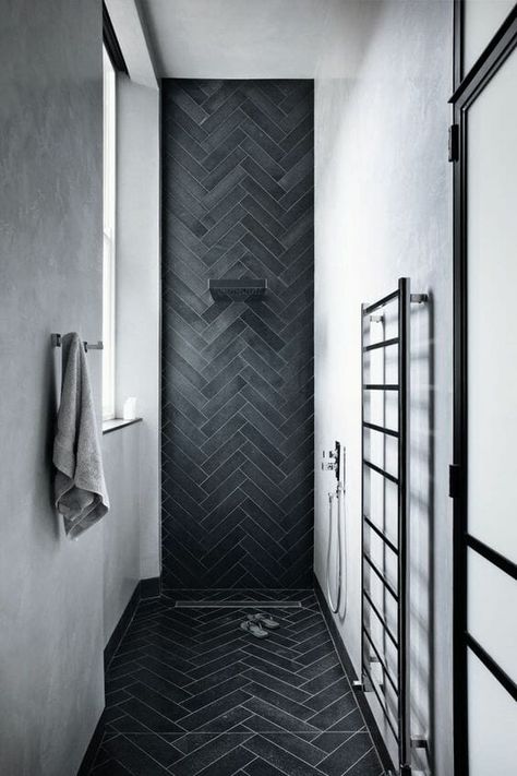 Koti Diy, Shower Enclosures, Herringbone Tile, Bathroom Floor Tiles, Shower Stall, Wet Rooms, House Bathroom, Black Bathroom, Bathroom Styling