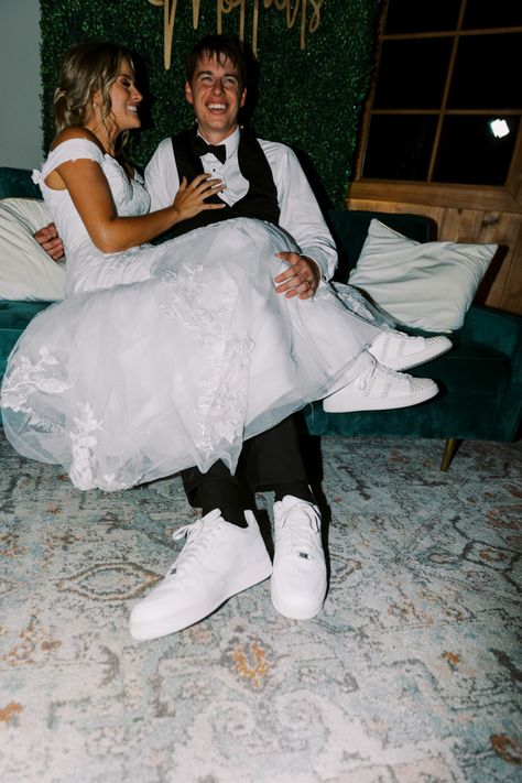 Wedding Nikes Groom, Wedding In Sneakers, Matching Shoes For Couples Wedding, Wedding Reception Nikes, White Sneakers Wedding Dress, Wedding Dress With Nike Dunks, Sneakers At Wedding, Matching Sneakers Couples Wedding, Wedding Sneakers For Groom