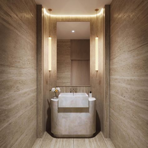 Interior Design and Architecture • Instagram Limestone Powder Room, Toilet Niche, Hotel Toilet, Architecture Instagram, Bathroom Sanitary, Home Theater Room Design, Penthouse Design, Theater Room Design, Restroom Design