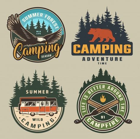 Vintage summer camping badges | Free Vector #Freepik #freevector #tree #nature #bird #animal Silhouette Forest, Bear Logo Design, Camp Logo, Forest Silhouette, Forest Ranger, Adventure Logo, Hunting Design, Flying Eagle, Bear Silhouette