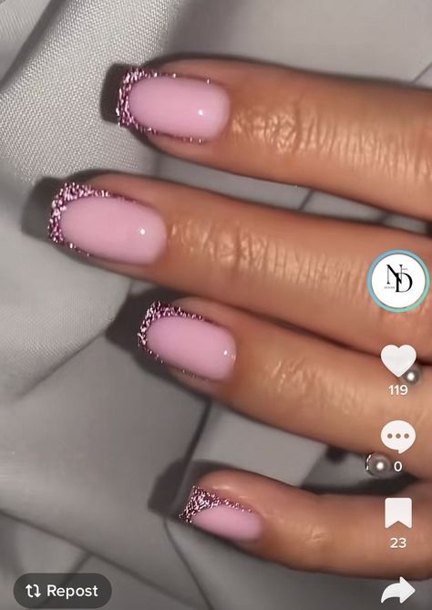 Nails Builder Gel Design, Pink French Nails With Glitter, Sparkly Square Nails, 18th Bday Nails, Glitter Nails Short, French Glitter Nails, Glitz Nails, Coloured French Manicure, Nails New Years