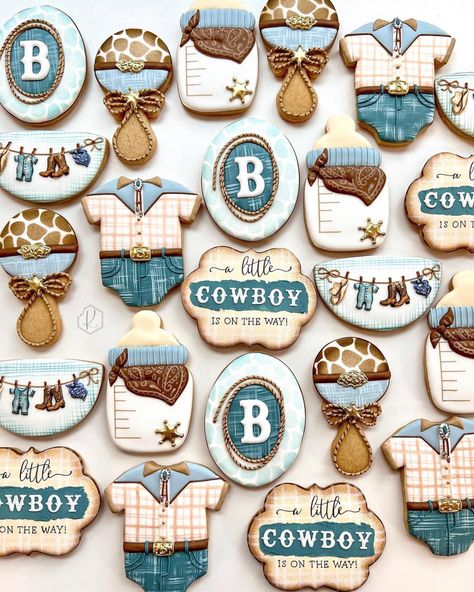 Denim Baby Shower, Cowboy Baby Shower Theme, Rodeo Baby Shower, Baby Boy Cowboy, Rodeo Baby, Gender Reveal Party Theme, Cowboy Cookies, Cowboy Baby Shower, Cowboy Baby