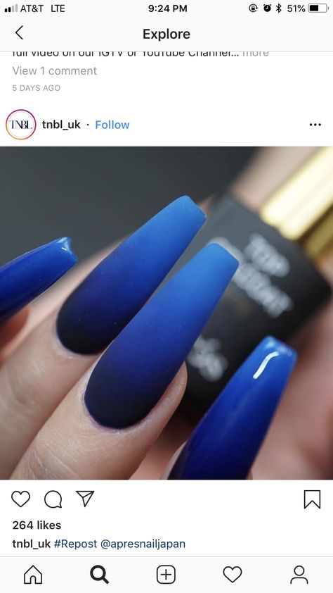 Royal Blue Matte Nails Design, Dark Blue Ombre Nails Acrylic, Black And Blue Ombré Nails, Royal Blue Ombre Nails Coffin, Dark Blue Ombre Acrylic Nails, Black To Blue Ombre Nails, Navy Blue And Black Nails Prom, Midnight Blue Nails Matte, Dark Blue Ombré Nails