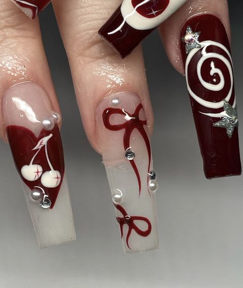 Polygel Design, Red And White Nails, Coquette Lana Del Rey, September October November December, Bows Coquette, Dark Red Nails, April Nails, October November December, Cherry Nails