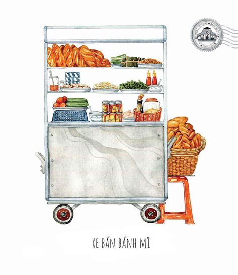 [Illustrations] The Beauty of Saigon Street Carts Through the Eye of Its Beholder - Saigoneer Work Wallpaper, Vietnam Street Food, Gerobak Dorong, Vietnamese Street Food, Draw Watercolor, Food Anime, 귀여운 음식 그림, Vietnam Art, Vietnam Food