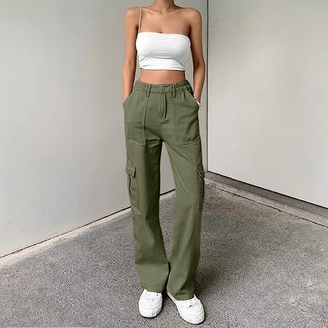 Cargo pants with 6 pockets, stretch elastic high waist, relaxed fit, zipper and button closurehip hop joggers sweatpants, wide leg cargo pants, Y2K style, hippie outfits, and the loose fit is ideal for casual or sporty. Cargo Pants Women Baggy, Pants For, E Girl Clothes, Cargo Pants For Women, High Waisted Cargo Pants, Casual Cargo Pants, Pants Baggy, Cargo Pants Outfit, Green Cargo Pants