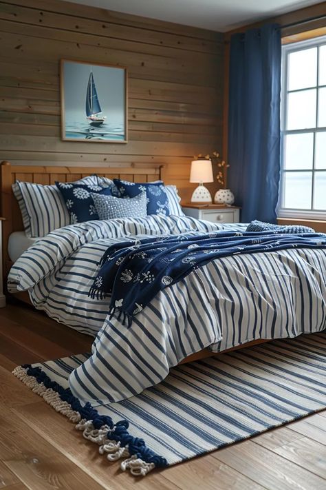 15 Aesthetic Coastal Bedroom Ideas for a Dreamy Retreat 34 Bedroom Beach Decor, Nautical Farmhouse Decor, Driftwood Headboard, Curtains Aesthetic, Nautical Farmhouse, Seaside Aesthetic, Blue And White Bedroom, Coastal Bedroom Ideas, 15 Aesthetic