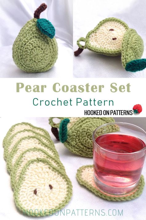 PEAR COASTER CROCHET PATTERN -  #Crochet a set of 6 sliced pear coasters and a cute pear shaped holder for neat storage.​ #Home #Coasters Crochet Pear, Indie Crochet, Taplak Meja Crochet, Pear Pattern, Coaster Crochet Pattern, Crocheted Coasters, Coaster Crochet, Crochet Coasters Free Pattern, Fruit Kitchen