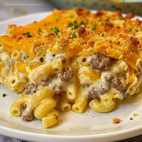 Baked Hamburger Macaroni Casserole, Baked Hamburger Mac And Cheese, Mac N Cheese Hamburger Casserole, Macaroni And Cheese With Ground Beef, Hamburger Hotdish Recipes, Macaroni Hamburger Casserole, Hamburger Mac And Cheese Casserole, Hamburger Meat Dinner Ideas, Hamburger Macaroni Casserole