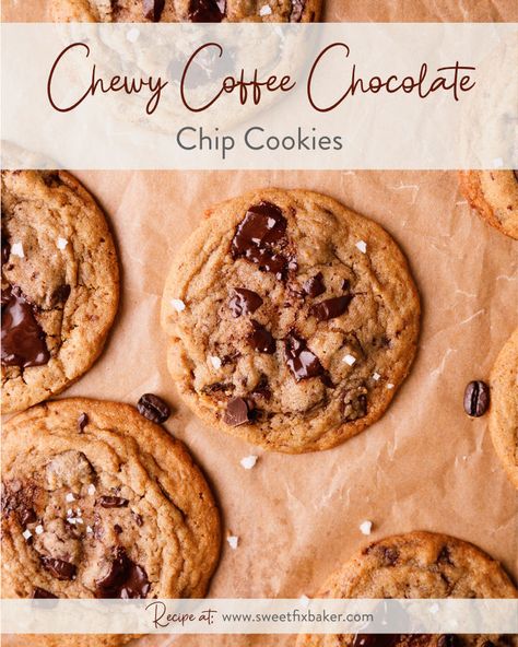 These Chewy Coffee Chocolate Chip Cookies are loaded with creamy and delicious chocolate chunks. Coffee lovers will appreciate the rich depth that makes these homemade cookies stand out from the usual chocolate chip variety. They're simple to make, and your kitchen will smell incredible as they bake! #ChewyCoffeeChocolateChipCookies #chewycoffeecookies #coffeecookierecipe Coffee Chocolate Chip Cookies, Coffee Cookies Recipe, Cookie Stand, Coffee Cookies, Cookie Dough Balls, Coffee Chocolate, Espresso Powder, Homemade Cookies, Cookie Scoop