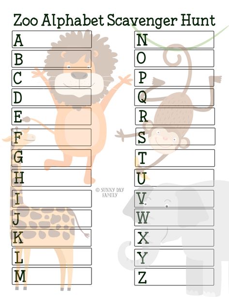 Zoo Alphabet Scavenger Hunt with Free Printable         |          Sunny Day Family American ExpressDinersDiscoverlogo-jcblogo-mastercardPayPalSelzVisa Zoo Scavenger Hunt Printable, Zoo Scavenger Hunt, Alphabet Scavenger Hunt, Zoo Lessons, Zoo Animal Activities, Zoo Alphabet, Zoo Games, Kids Preschool Learning, Zoo Activities