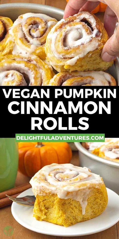 Easy vegan pumpkin cinnamon rolls that are fluffy, gooey, and so delicious (dairy-free and egg-free, too!). NO ONE will know this perfect homemade fall treat is vegan! They’re spiced perfectly and make the perfect snack to enjoy with your cup of coffee or tea or at breakfast or brunch. Top them with a vegan/dairy-free cream cheese icing, or serve them plain, it’s up to you! Weight Watcher Desserts, Vegan Pumpkin Recipes, Fall Vegan Recipes, Vegan Holiday Recipes, Diy Easy Recipes, Pumpkin Cinnamon Rolls, Low Carb Dessert, Fluffy Texture, Vegan Thanksgiving