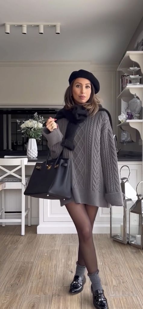 Dress With Loafers, Outfit With Tights, Styling Sweaters, Beret Outfit, Varsity Sweater, Sweater Dress Outfit, Dress Loafers, Tights Outfit, Berets