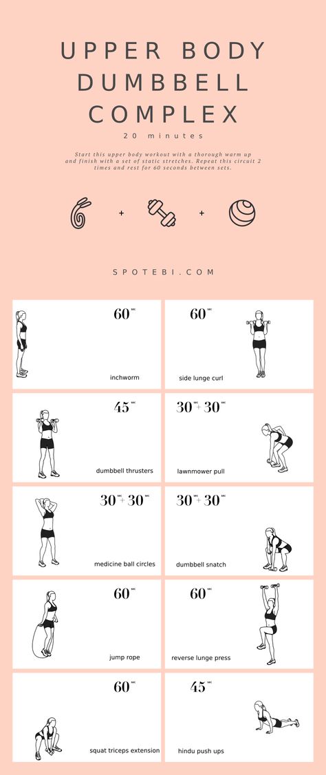 This awesome upper body dumbbell complex will get you toned in just 20 minutes! Sculpt your shoulders, arms, chest, and back with these 10 compound exercises; a complete upper body workout that also engages your core, glutes, thighs, and legs for maximum calorie burn and best results! https://www.spotebi.com/workout-routines/20-minute-upper-body-dumbbell-complex/ Compound Upper Body Exercises, Beginner Upper Body Dumbbell Workout, Upper Body Workout At Home One Dumbbell, Upper Body Compound Exercises, Women’s Upper Body Dumbbell Workout, Beginner Dumbell Full Body Workout, Total Upper Body Dumbbell Workout, Upper Body Dumbbell, Upper Body Workout For Women