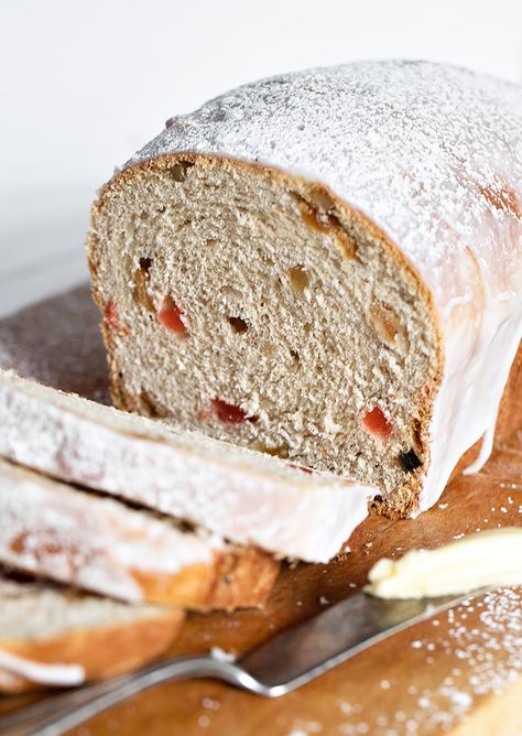 Chop Suey Bread - A festive yeast bread, this Chop Suey loaf is filled with candied fruit, nuts and raisins and is stopped with a sweet icing. Bread Loaf Recipes, Yeast Bread Loaf, Traditional Christmas Baking, Fruit Bread Recipes, Festive Bread, Homemade Bread Easy, Yeast Bread Recipes, Chop Suey, Fruit Bread