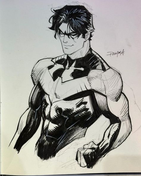 Dan Mora Chaves (@dan_mora_c) • Instagram photos and videos Nightwing Sketch Art, Dan Mora Nightwing, Stuck In A Box Pose Reference, Nightwing Reference, Flying Reference Pose, Man Looking Over Shoulder, Nightwing Drawing, Nightwing Tattoo, Superhero Poses Reference